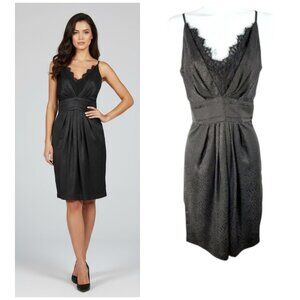 Kenar Silk Spaghetti Strap Dress Women's Sz 6 Black Eyelash Lace V Neck Pleated